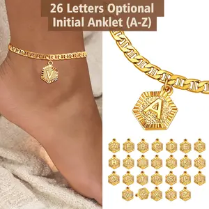 FindChic Initial Anklet Customized Name Engraved Anklet Golden Mariner Chain with 26 A-Z Letters Pendant Summer Beach Footwear Daily Casual No Tarnish Ankle Bracelet Graduation BFF Jewelry Gift for Women Girls Girlfriend