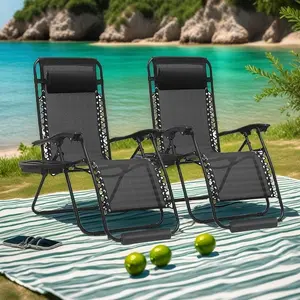 2 Set Zero Gravity Chairs Patio Portable Reclining Folding Lounge Chair Beach Camping Chairs with Pillow and Cup Holder Trays for Garden, Lawn, Black  Gravity Lawn Lounge Chairs Set of 2 with Pillow and Cup Holder - Adjustable Reclining Folding Outdoor Ch