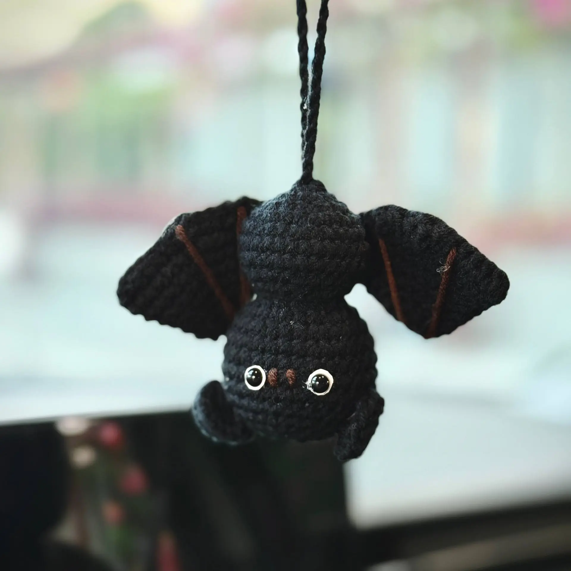 Handmade Crochet Bat Ornament - 4 in Tall Natural Cotton Yarn, Pumpkin Bag Design, Car Hanger, Keychain, Bag Charm, Halloween/Fall Birthday Gift for Mom, Daughter, Grandma (DIY Knitting & Crochet Craft Accessory for Cars)