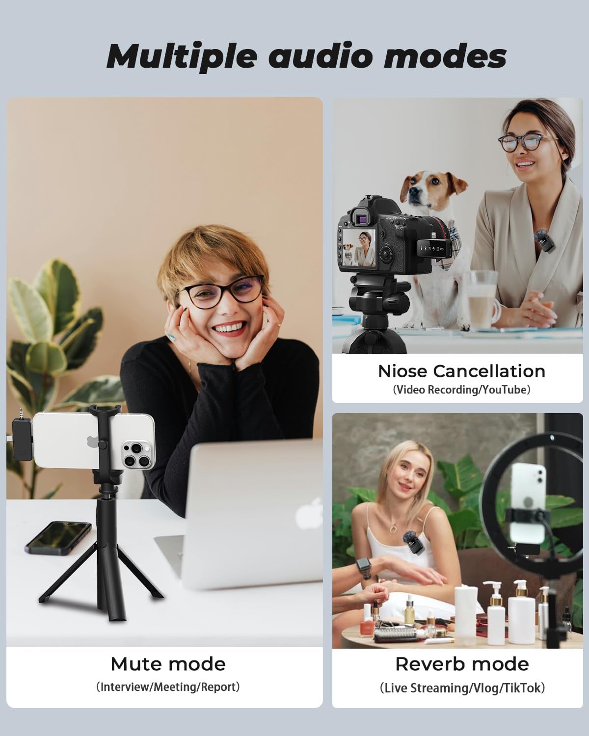 3-in-1 Compact Wireless Microphone for iPhone, Android, Camera: 20H Battery, 328FT Range, Mini Microphone for Video Recording, Noise Canceling for Content Creators, Power Conditioners