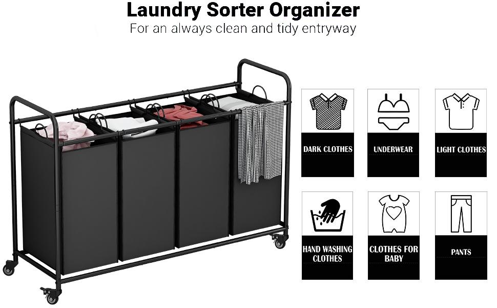 4 Bag Laundry Basket Sorter Cart with Storage Shelf Laundry Hamper with Rolling Wheels for Clothes Storage Laundry Organizer Large Capacity Multifunctional Household Metal Organizer