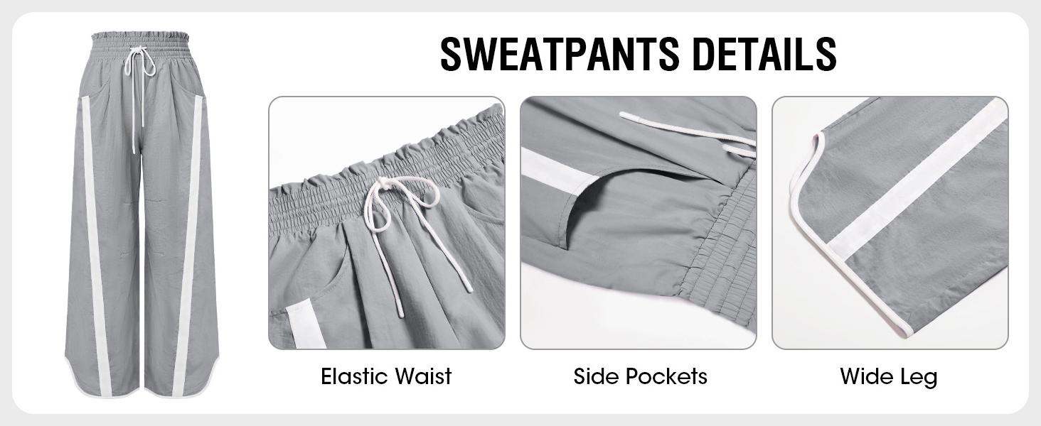 SCUSTY Women's Baggy Wide Leg Pants Casual Drawstring Elastic Waisted Contrast Color Workout Y2K Track Pants High Waist Lightweight Polyamide Fabric