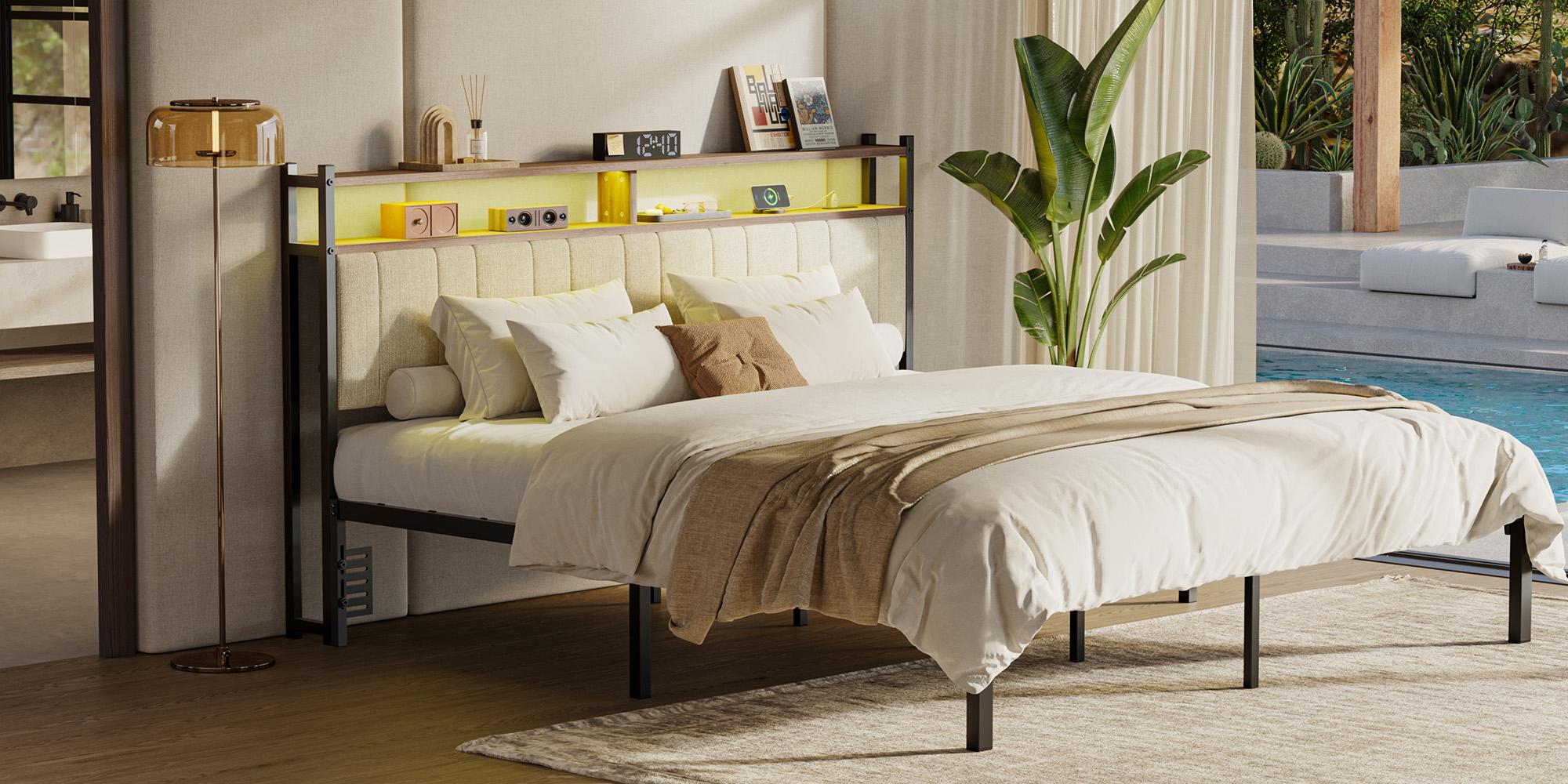 Pinmoco Upholstered Headboard with Storage, Linen Head Board with LED Light and Charging Station 【Headboard Only】