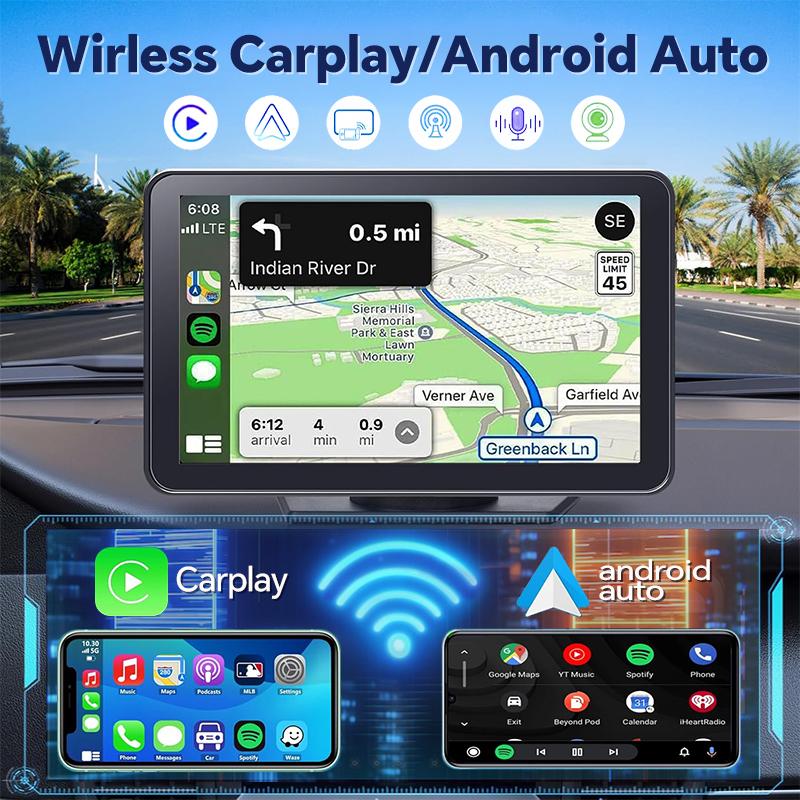 【New Year Gifts】PASLDA Apple Carplay Screen for Car, 7" HD Portable Car Stereo Touch Screen with Wireless Android Auto, Backup Camera, Car Video Player with Voice Control, Mirror Link, Bluetooth, GPS Navigation Suitable For Daily Driving And Traveling