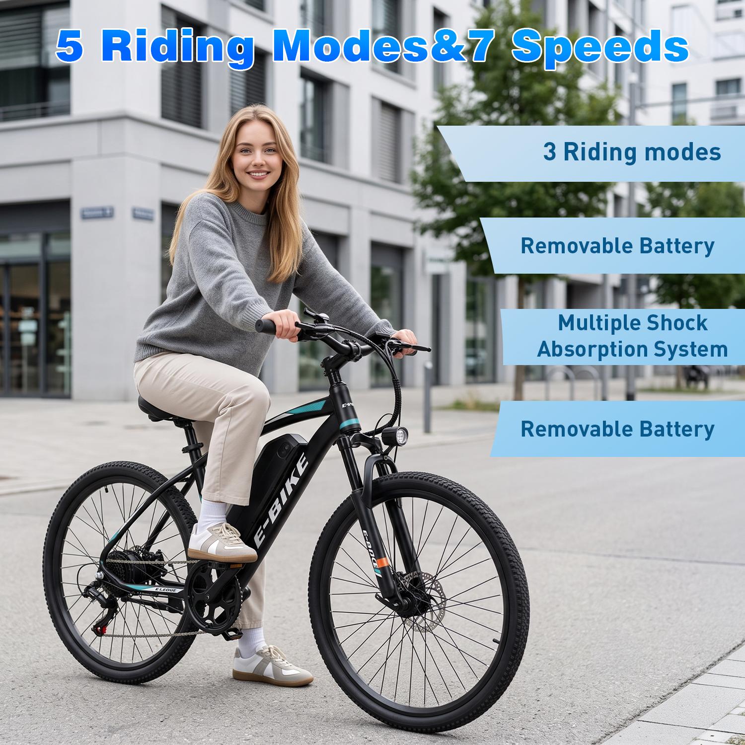 26 Inch Electric Bike, Peak 1500W Motor E-Bike, 25MPH Top Speed, 50-mile range Commuter-style Electric Bicycle, 432Wh battery, 7-speed shifting Front suspension Electric Mountain Bike, Ebike For Adults