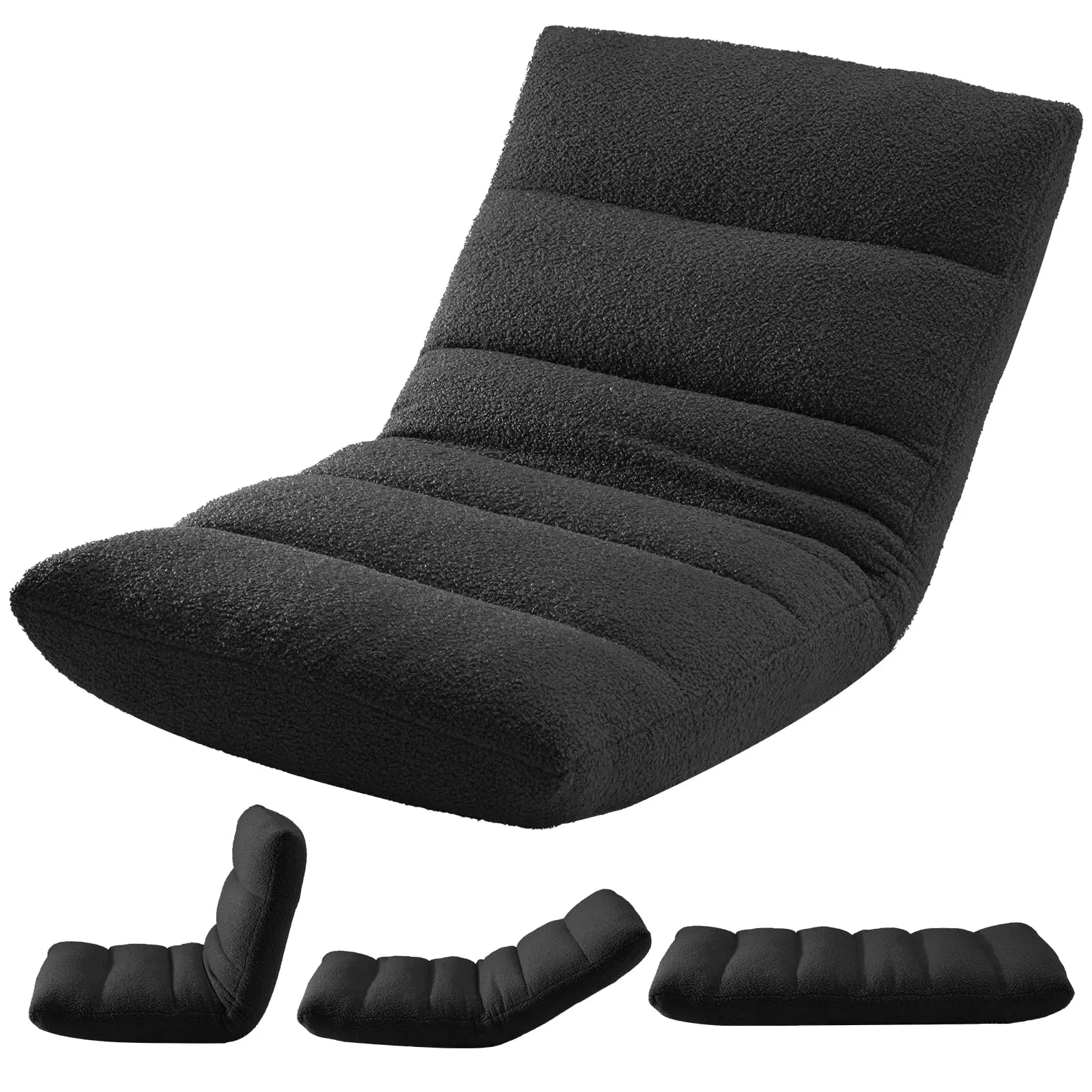 Folding Floor Chair with Back Support, 14-Position Adjustable Floor Seat Covered with Soft Teddy Velvet, Suitable for Adults & Kids for Reading, Gaming, Meditation and Movie Watching, Black