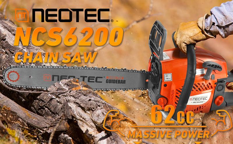 NEOTEC 58cc/62cc Gas-Powered Chainsaw with 25:1 Gas/Oil Mix, Lightweight Portable Design for Easy Cutting Wood in Outdoor Garden
