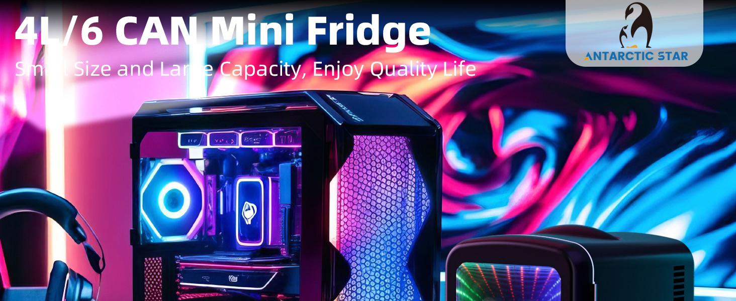 【TiktokShopSpringGlowUp】Antarctic Star 4L Mini Compact Refrigerator with Gaming Light: 6-Can Portable Cooler for Bedroom, Car, Office, Dorm - Cosmetics, Beverage & Food Storage (Black)