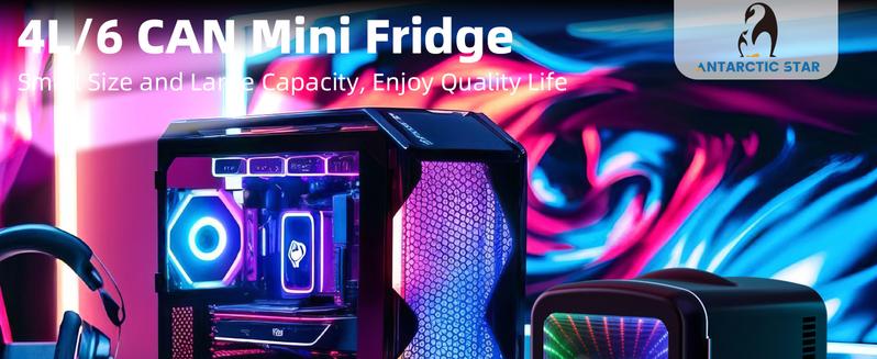 Antarctic Star 4L Mini Compact Refrigerator with Gaming Light: 6-Can Portable Cooler for Bedroom, Car, Office, Dorm - Cosmetics, Beverage & Food Storage (Black)