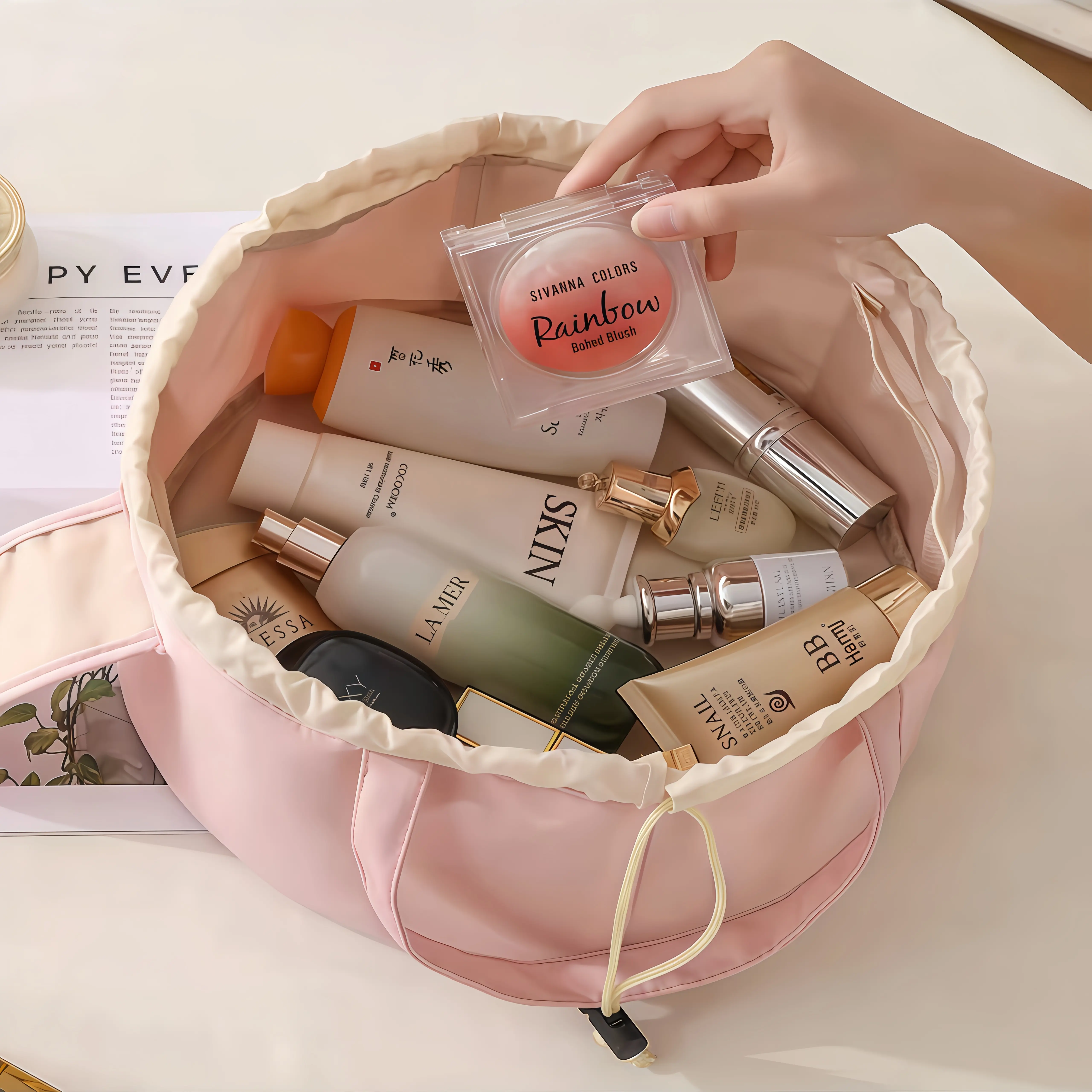 Women's Waterproof Drawstring Makeup Bag - Large Capacity, Compact, Durable, Easy to Wipe Clean Portable Toiletry Organizer, Travel Companion for Travel & Daily Beauty Product Storage, Beauty Products, Chic, Makeup Organization