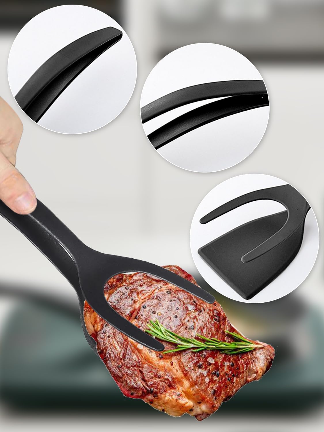 BRODARK 2-in-1 Silicone Shovel & Tweezers Tongs - Black Egg Flipper Pancake Steak Turner Omelet Maker Spatula Fish French Toast Tongs for Home Kitchen Cooking Tools Utensils