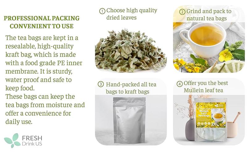 Premium Mullein Leaf Tea Bags For Lung, 100% Natural & Pure from Mullein Leaves. Loose Leaf Mullein Herbal Tea. Made with Natural Material Tea Bags. No Sugar, No Caffeine, No Gluten, Vegan. Mullein cleanse, lung support