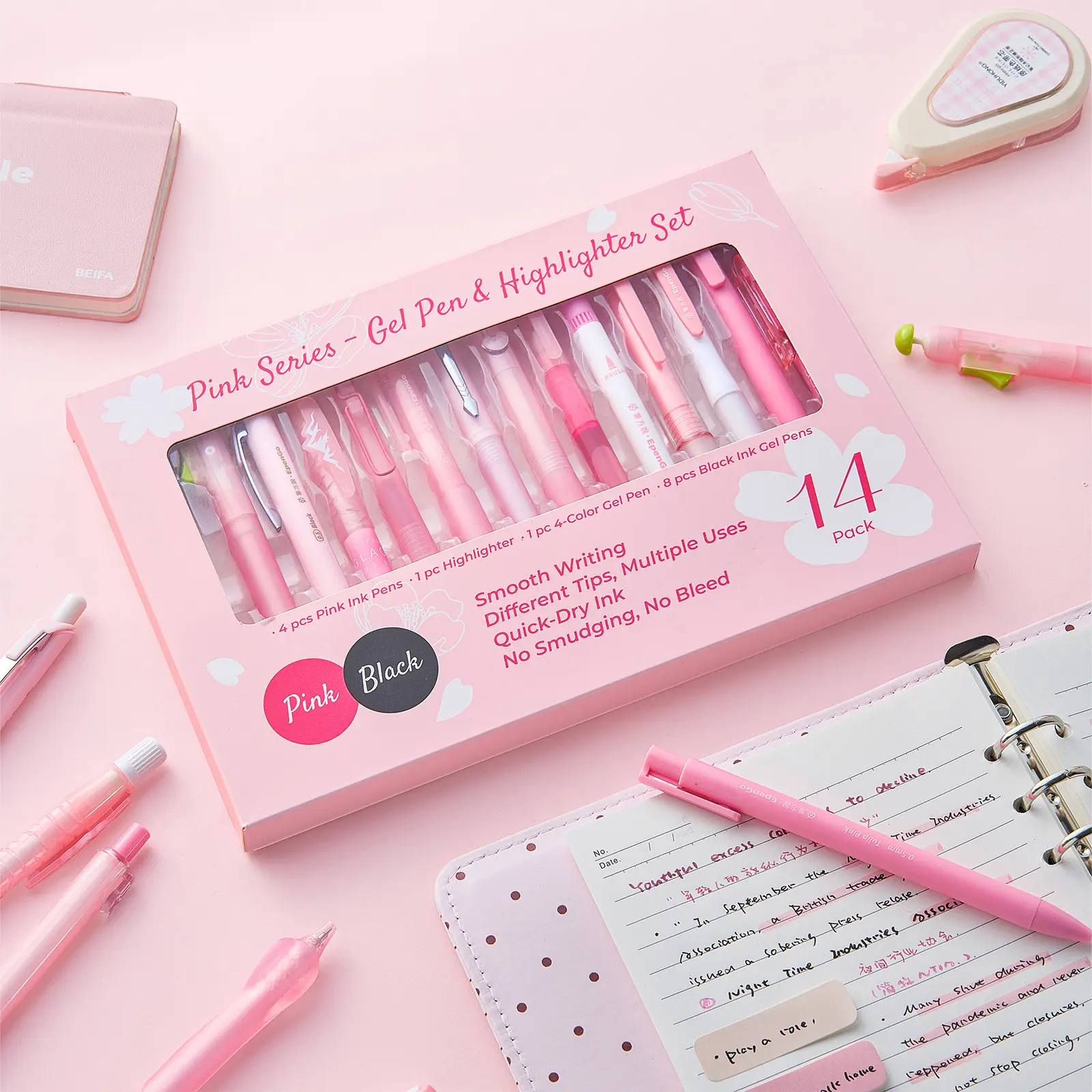 EpenGo 14-Pieces Pink Multi-Tip Smudge-Free Gel Pen and Highlighter Set - Aesthetic Office Stationery Kit for Students