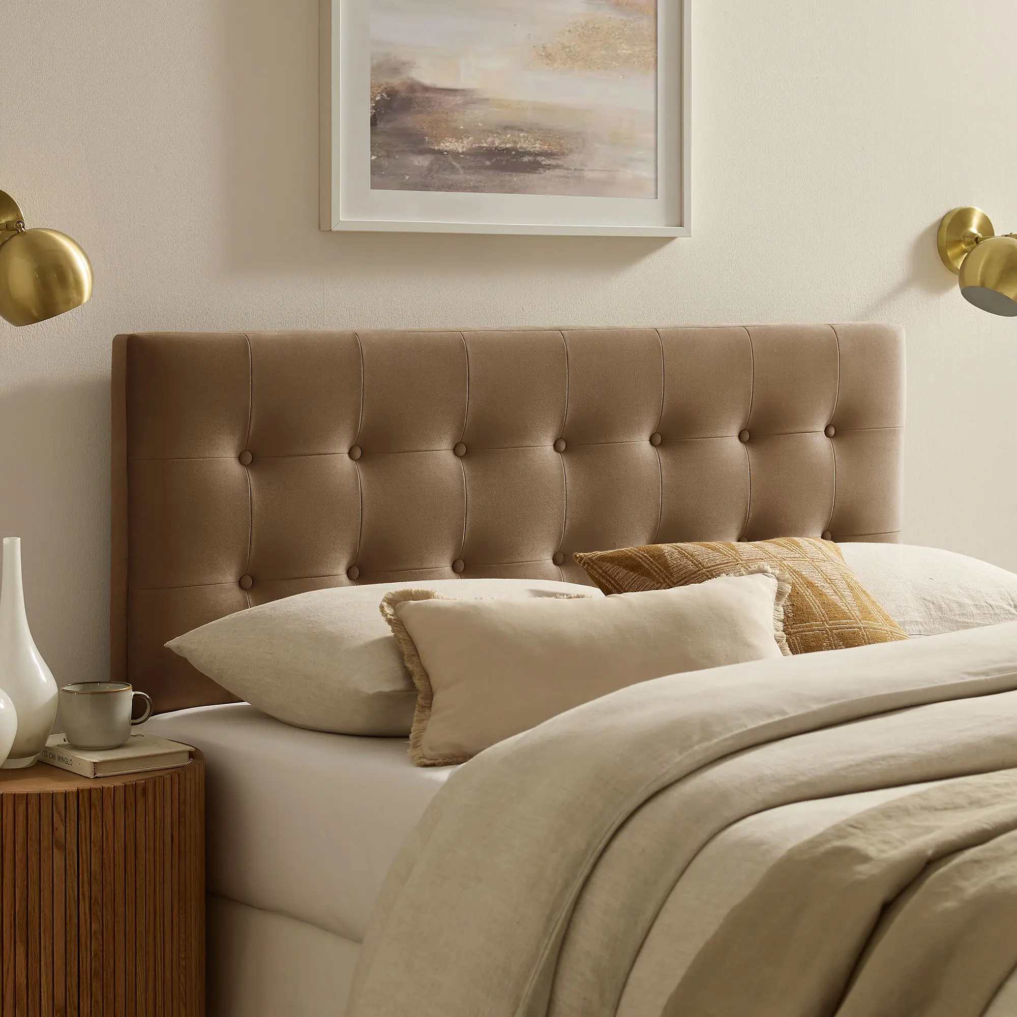 Emily Stain-Resistant Performance Velvet Queen Size Headboard in Taupe