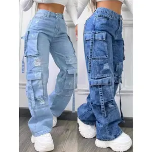 2026 New Fashionable Solid Color All-Matching plus Size High Waist Multi-Pocket Leisure Cargo Denim Trousers for Women Pants Jean