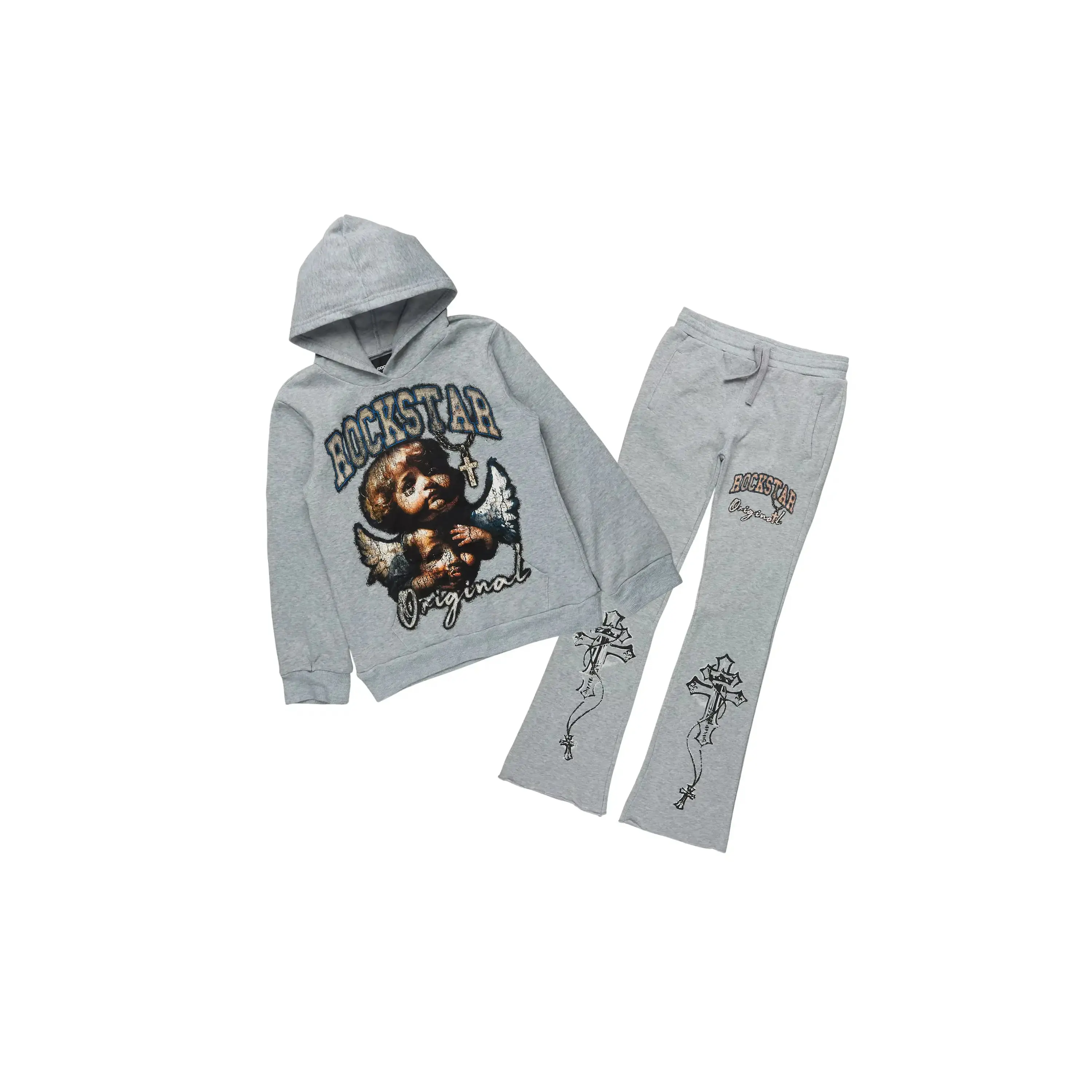 Boys Deiter Heather Grey Hoodie/Stacked Flare Track Set