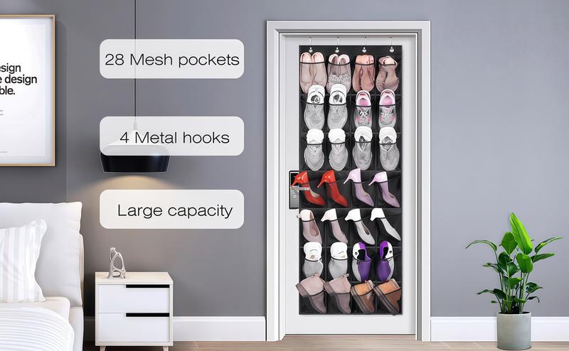 LMMAKE Large Capacity Hanging Shoe Rack with 28 Pockets & 4 Reinforced Metal Hooks for Heavy Items Excellent for Rentals Small Spaces & Closet Organization