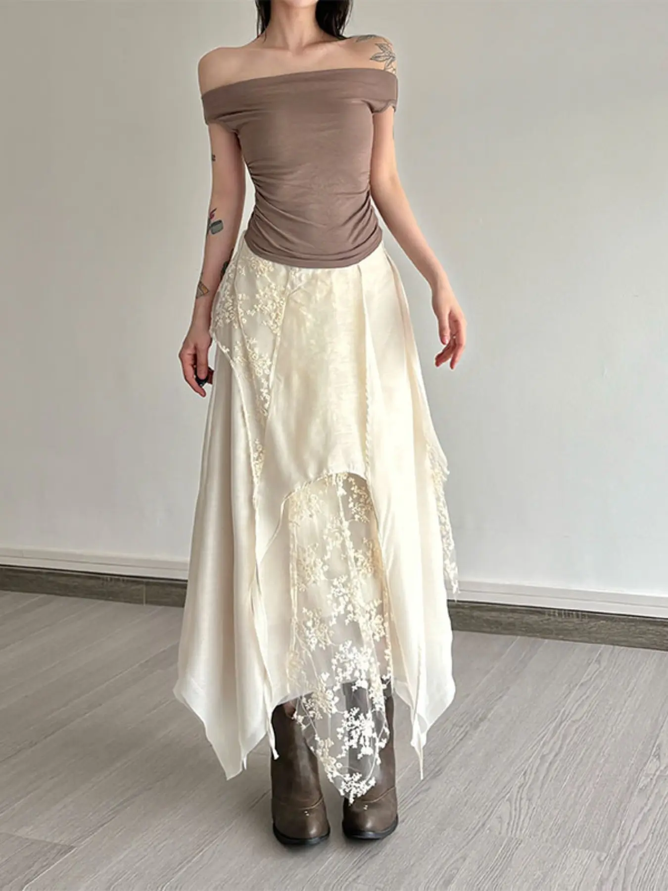 Women's Asymmetric Lace Midi Skirt Bottoms, High Waist Elastic Floral Embroidery Transparent Irregular Dress, Elegant Chic Bohemian Casual Vacation Wear Fit