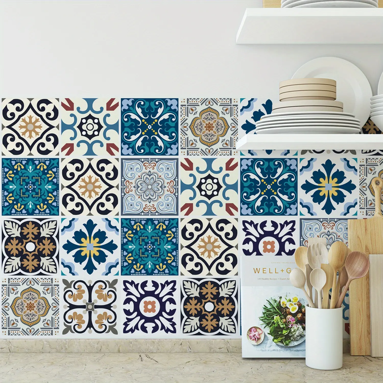 30-Piece Classic Vintage Moroccan Mediterranean Interior Crystal Self-Adhesive Vinyl Flat PVC Tiles Sticker (4x4 in) - Waterproof, Oil-Proof, Mildew-Proof, Removable, Easy-to-Stick DIY Sticker Deco for Kitchen, Bathroom Splash Board, Multiple Rooms, Decor