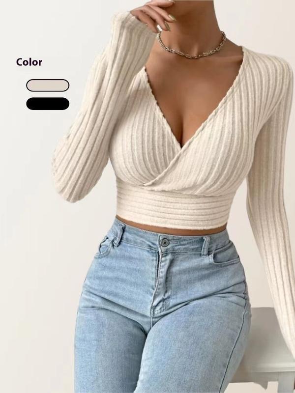 Short Deep V-neck Slim-fit Long Sleeve Knitted Sweater in Apricot & Black for Winter Pullover Style Thick Polyester Plain Design