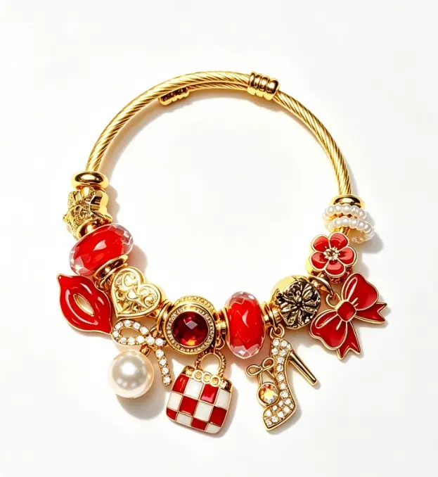 Fashion Red Lip & High Heel Charm Bangle, Gold-Tone Twisted Wire Hard Bracelet with Red Enamel & Pearl Beads, Western Style Jewelry for Women