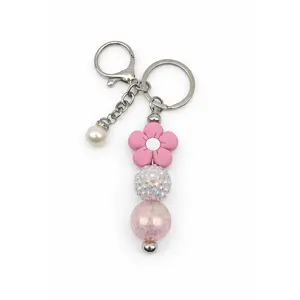 Pink Daisy Beaded Keychain with Iridescent & Crackle Bead