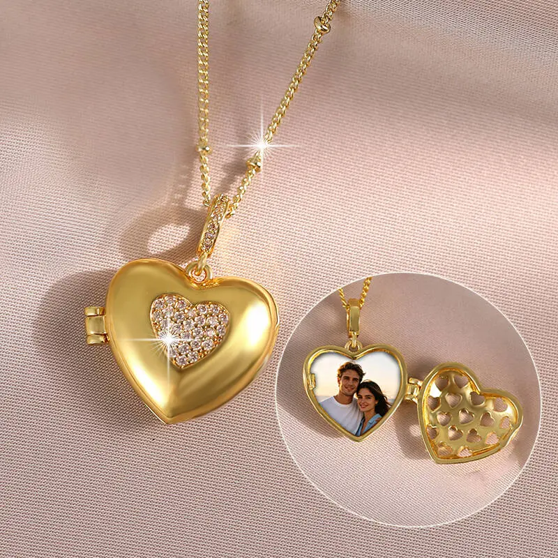 Trendy Heart Openable Photo Necklace for women and men with AAAAA Cubic Zirconia 14K Gold Plated Lover Pendent Jewelry for Couple Girlfriend,Elegant CZ Crystal Jewelry gift for men&women