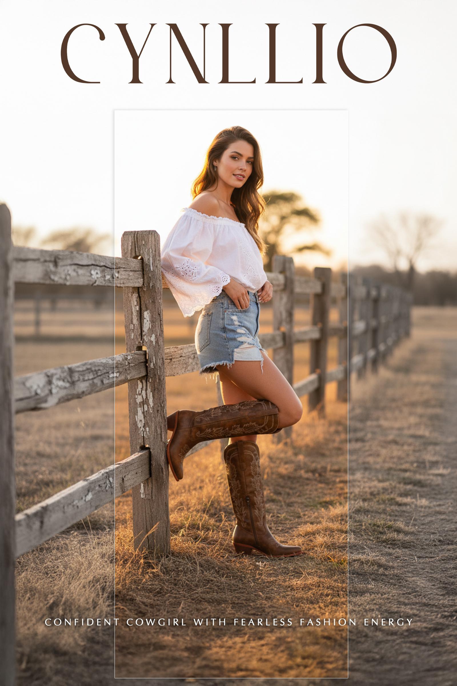 CYNLLIO Womens  Knee High Cowboy Country  Boots Snip Toe Chunky Block Heels Pull On Comfy Classic Embroided Side Zipper Fashionable Outing Walking Party Casual Riding Club Spring Wide Calf Western Fashion Boots