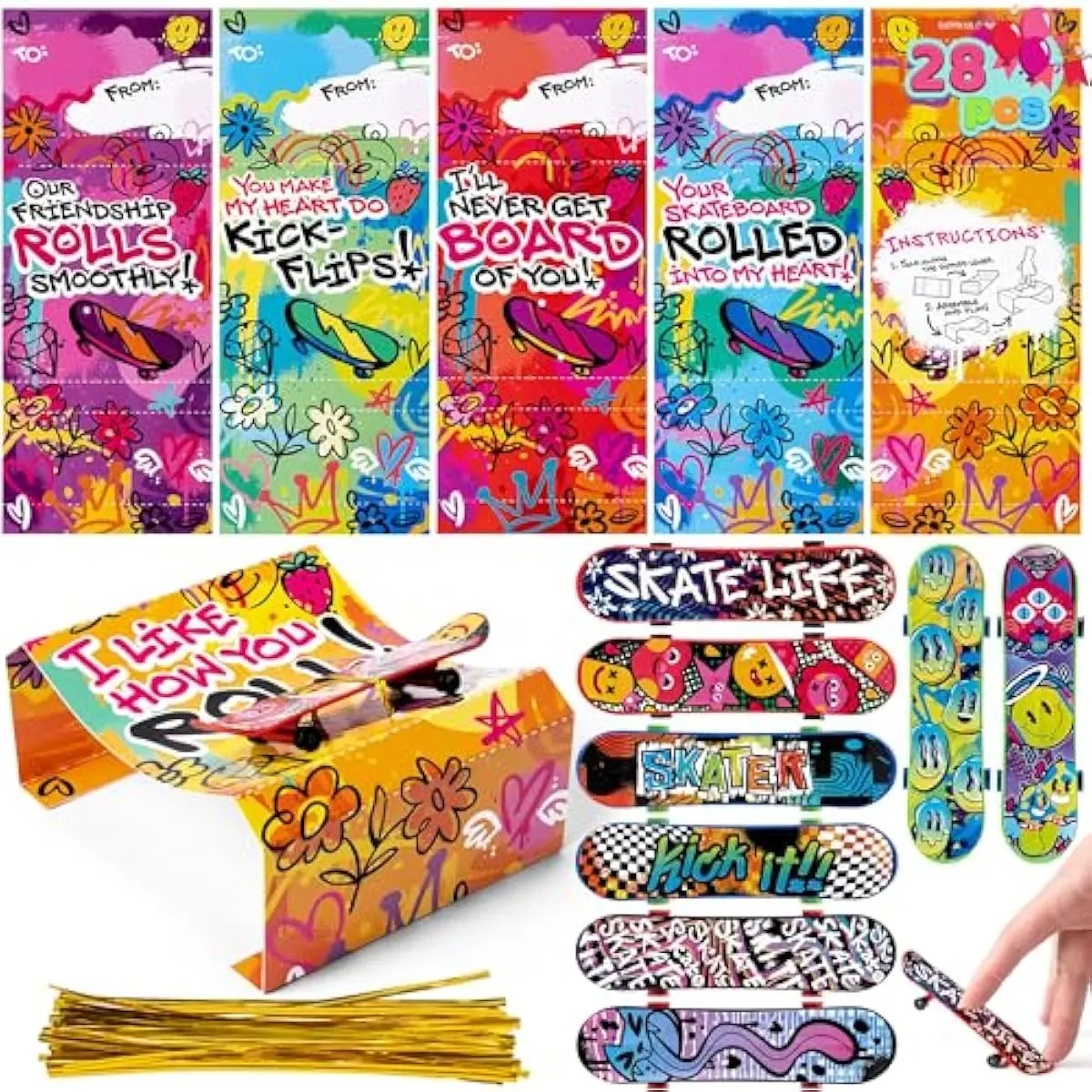 28 Pcs Valentines Day Finger Skateboards with Cards for Kids, Valentine Party Favor, Greeting Cards, Classroom Exchange Prizes, Holiday Reward Gifts, Finger Skateboard Toys