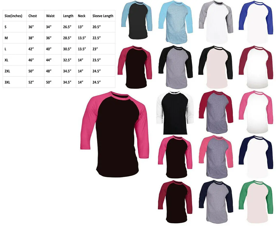Mens 3/4 Sleeve Raglan Baseball Mens Plain Tee Jersey Team Sports T-Shirt S-3XL
