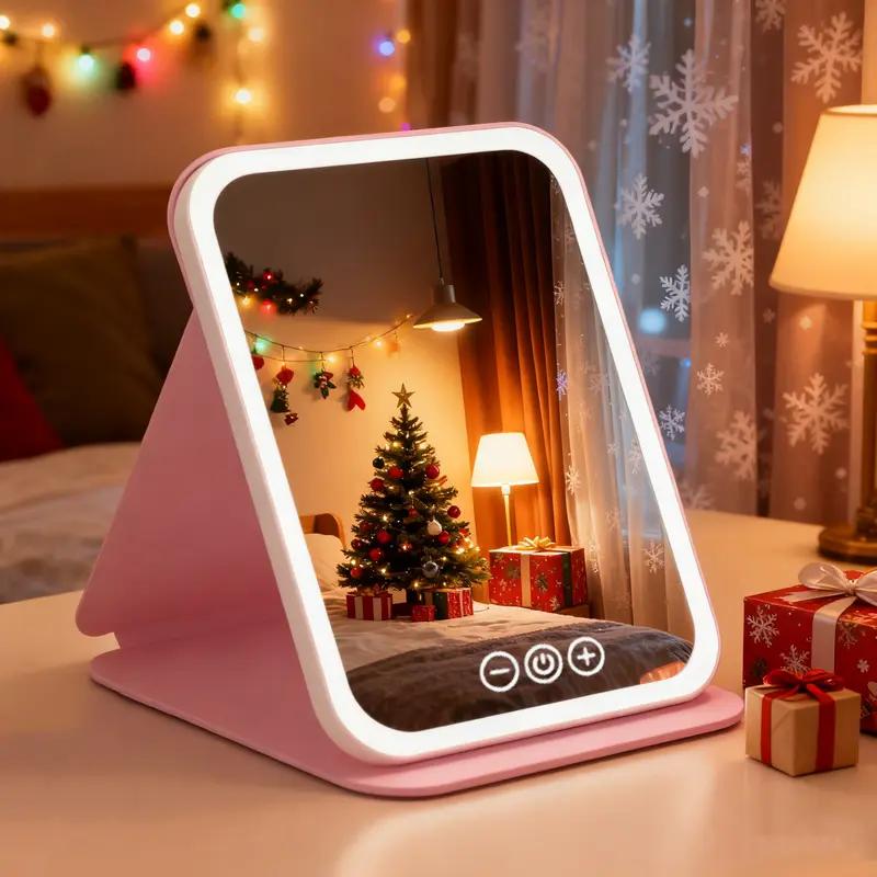 Makeup Mirror with Lights, USB Rechargeable Vanity Mirror with Stand, 3 Color LED Lighting Dimmable Brightness Adjustable Angle Compact Mirror, Foldable Cosmetic Mirror, Portable Travel Makeup Mirror, Birthday Anniversary Gift for Women