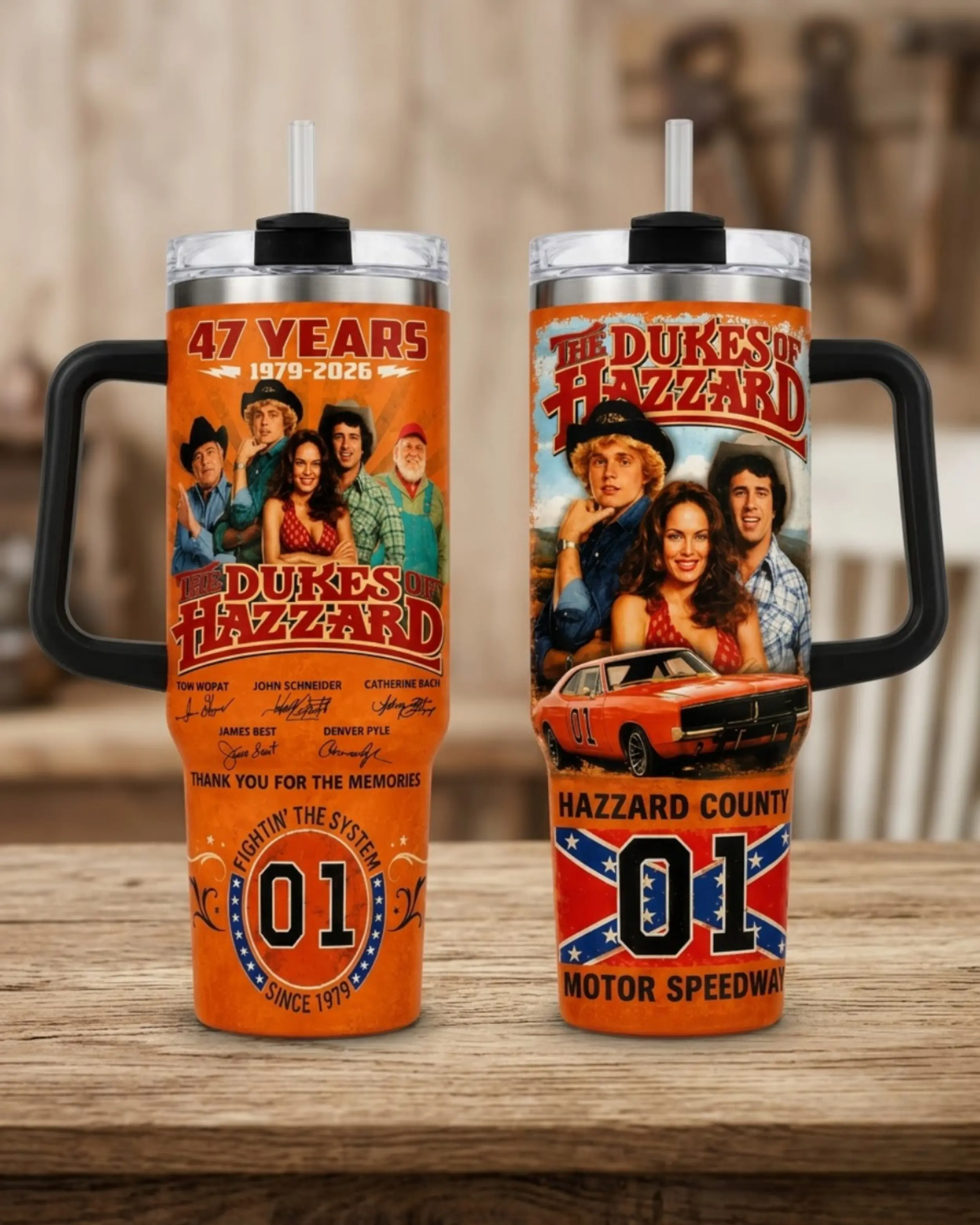 The Dkes 0f H@zzard 47 Years Anniversary Tumbler 30oz 40oz With Handle, Orange Classic TV Show Fan Cup With Retro Car 01 Graphic, Straw Not Included