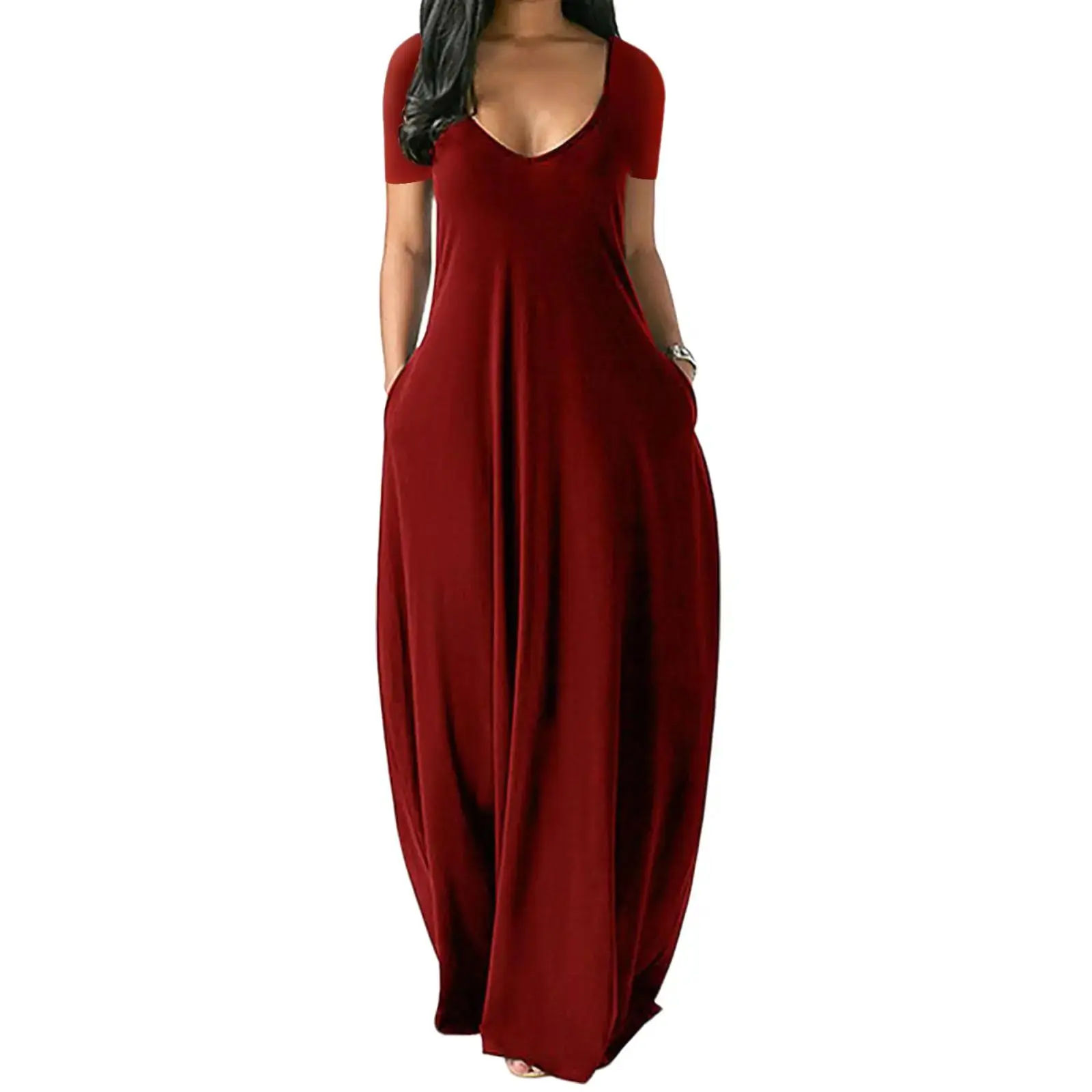 PHEFEE Women's Casual Short Sleeve Maxi Dress Loose Relaxed Fit Long Dresses with Pockets, Soft Knit V-Neck Sundress, Versatile Summer Spring Lounge Dress