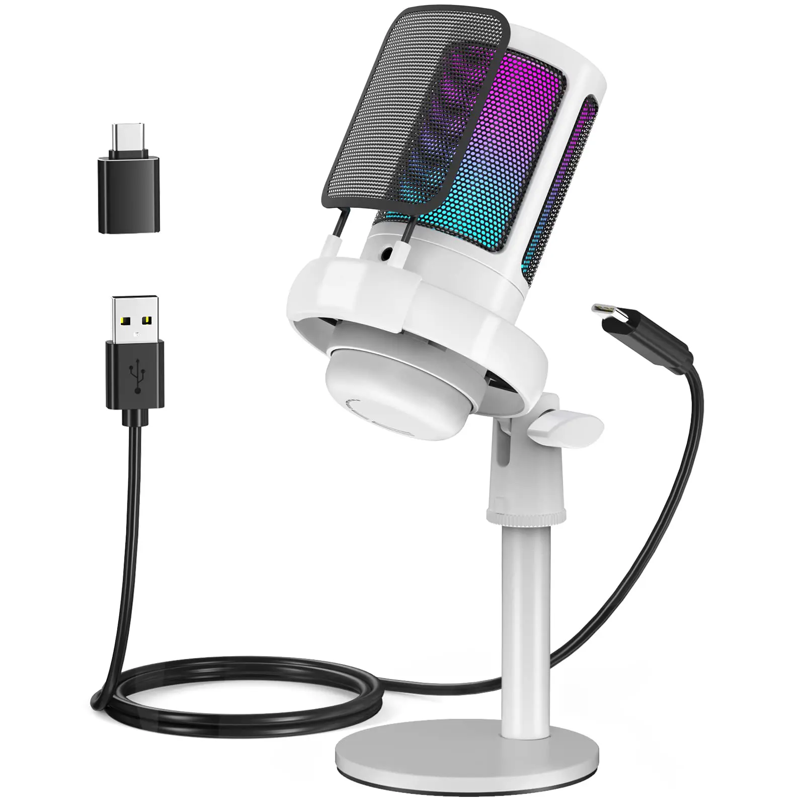 Summerwins Wired USB Condenser Microphone with RGB Lights for PC, PS4/5 - 1-Touch Mute, Adjustable Gain Knob, Volume Control, Table Mount Stand, Pop Filter, Shock Mount for Podcast, Streaming (High-Quality Audio)