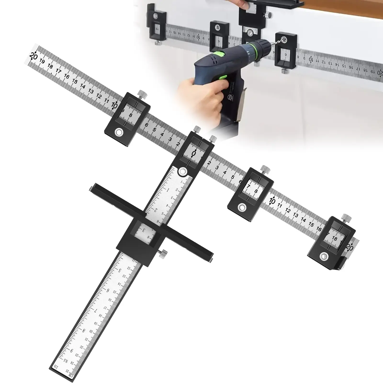 Adjustable Cabinet Hardware Jig - Self-Centering Drill Guide with Clear Scale,Cabinet Door Mounting Jig,DIY Positioning Tool,Drawer Pull Wood Drilling Dowelling Tools ,Measuring Ruler