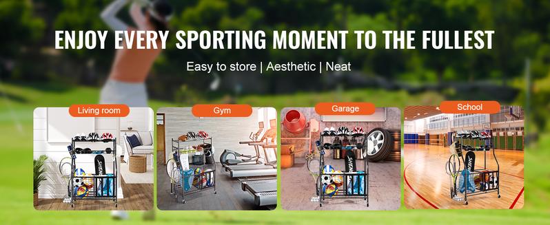 VEVOR Ball Sports Equipment  Garage Organizer, TikTokShopBlackFriday, Rolling Ball Storage Cart on Wheels, Basketball Rack with Baskets & Hooks, Indoor/Outdoor Sports Gear and Toys Storage, Steel Sports Equipment Organizer