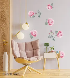 Watercolor Pink Peony Flower Wall Decal Stickers, Set 6 Florals + Greenery