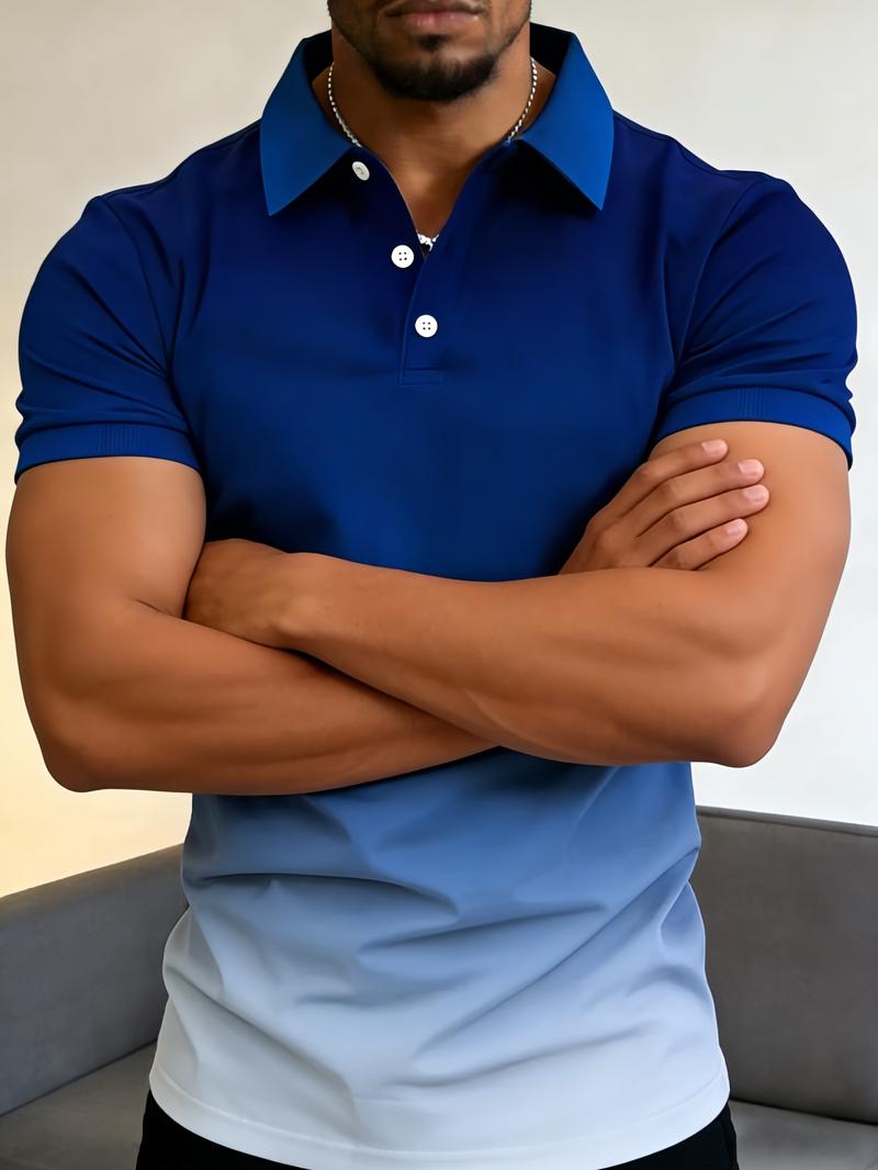 Men's fashion gradient polo shirt, short-sleeve with contrast collar, casual top, comfortable fabric, perfect choice for summer golf, beach, work, and everyday wear