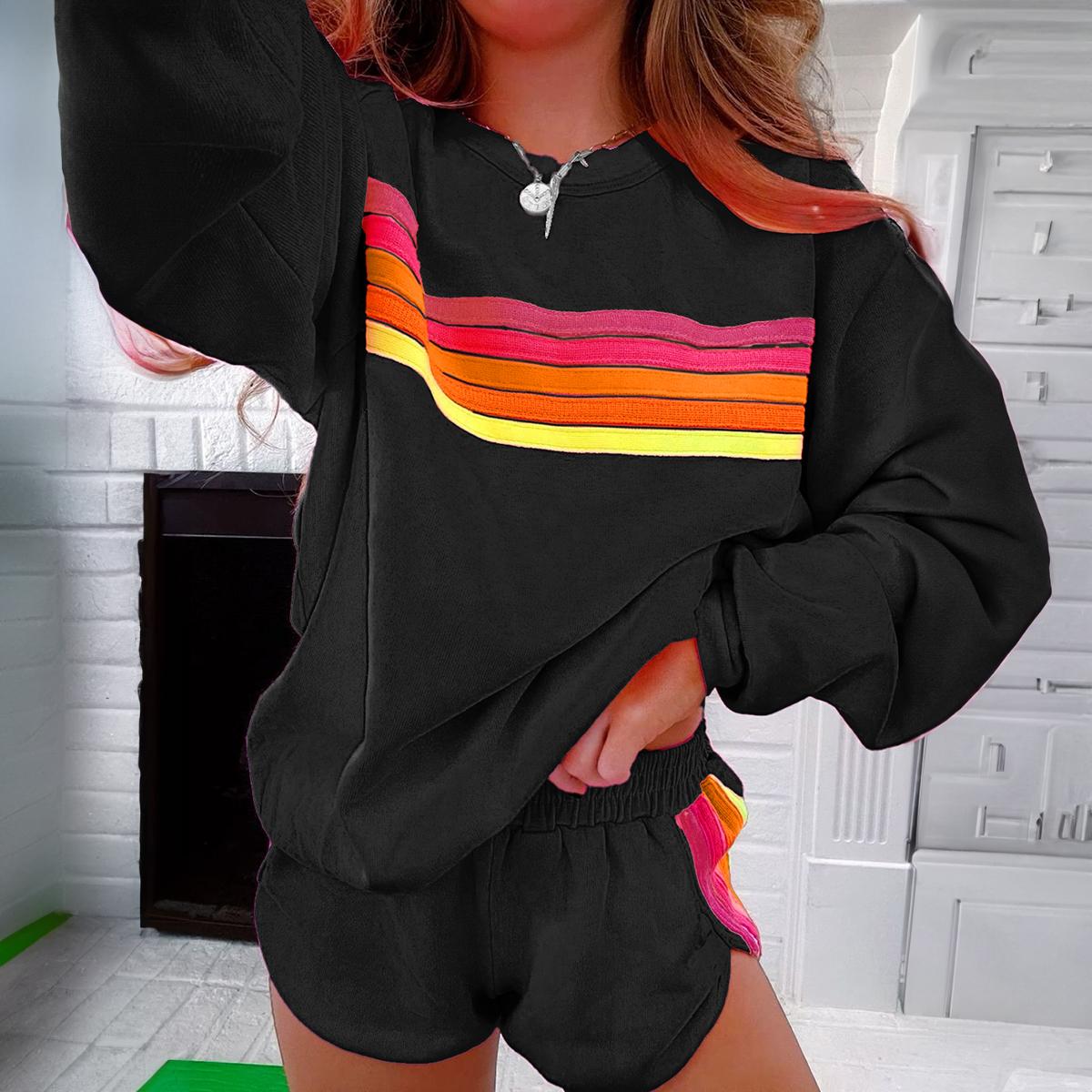 Znacicc Women's  Striped Accent Pullover and Shorts Two Piece Casual  Winteroutfit Set for Comfortable Daily Wear - Clothing, Lounge wear Cute Chic Long Sleeve Crewneck High Waist Womenswear Fitted