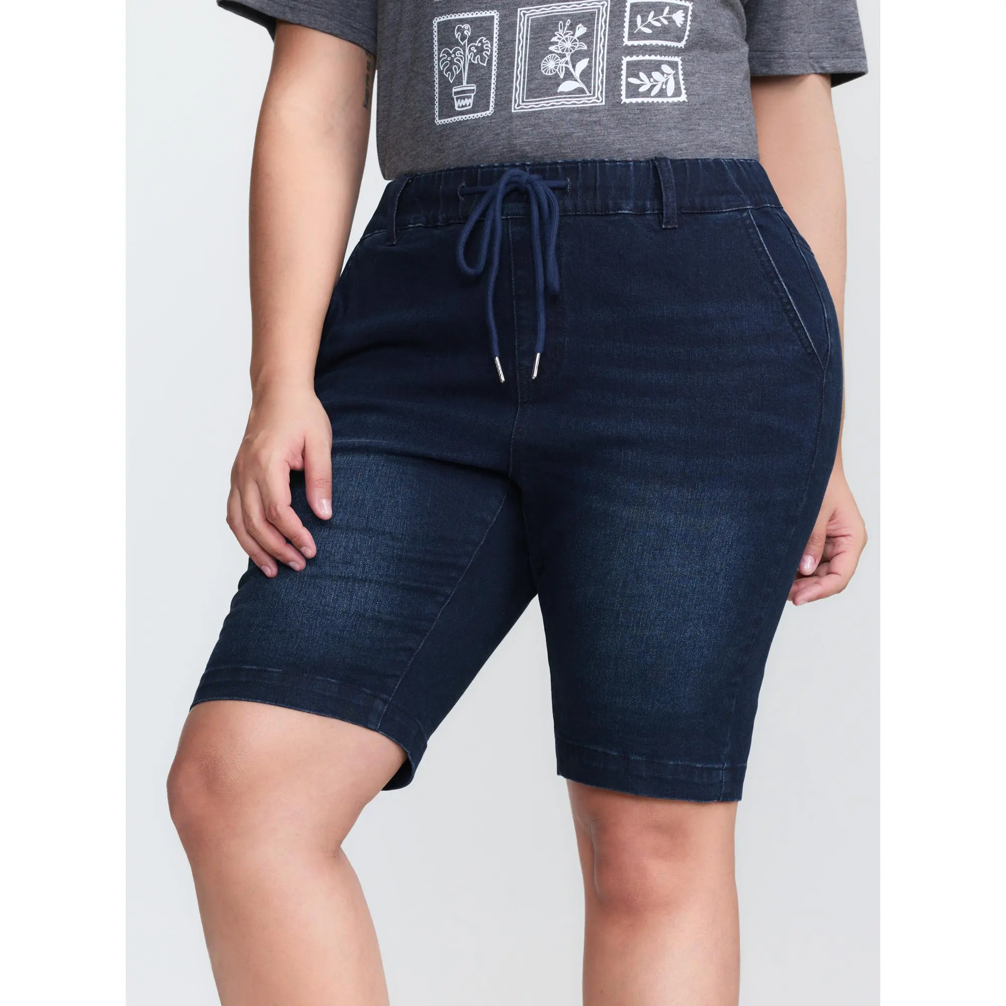 BloomChic Plus Size Casual Skinny Denim Shorts, High Stretch Cotton Blend with Pockets and a Drawstring Waist, Low Iron for Summer, Bottom, Women, Plus Size Fashion