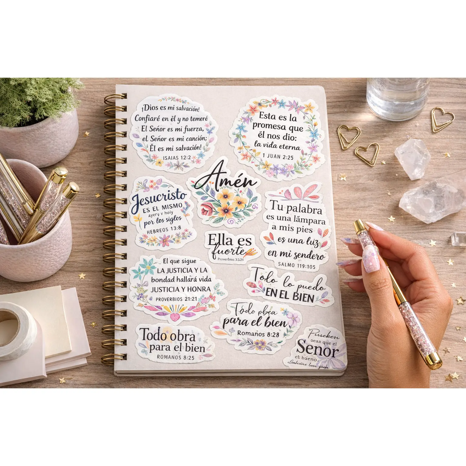 14-Pack Stickers Cristianos en Español | Frases Bíblicas Florales | Waterproof & UV Resistant