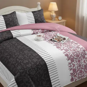 Black/White/Pink Floral 3 Piece Soft All-Season Washed Microfiber And Viscose Bedspread Set In A Bag, King/Calking Bedding Set With Bedspread & Pillowcases, Print, Flowerd, Moisture-Wicking, Silky Soft Texture, Cooling, Breathable, Easy Care