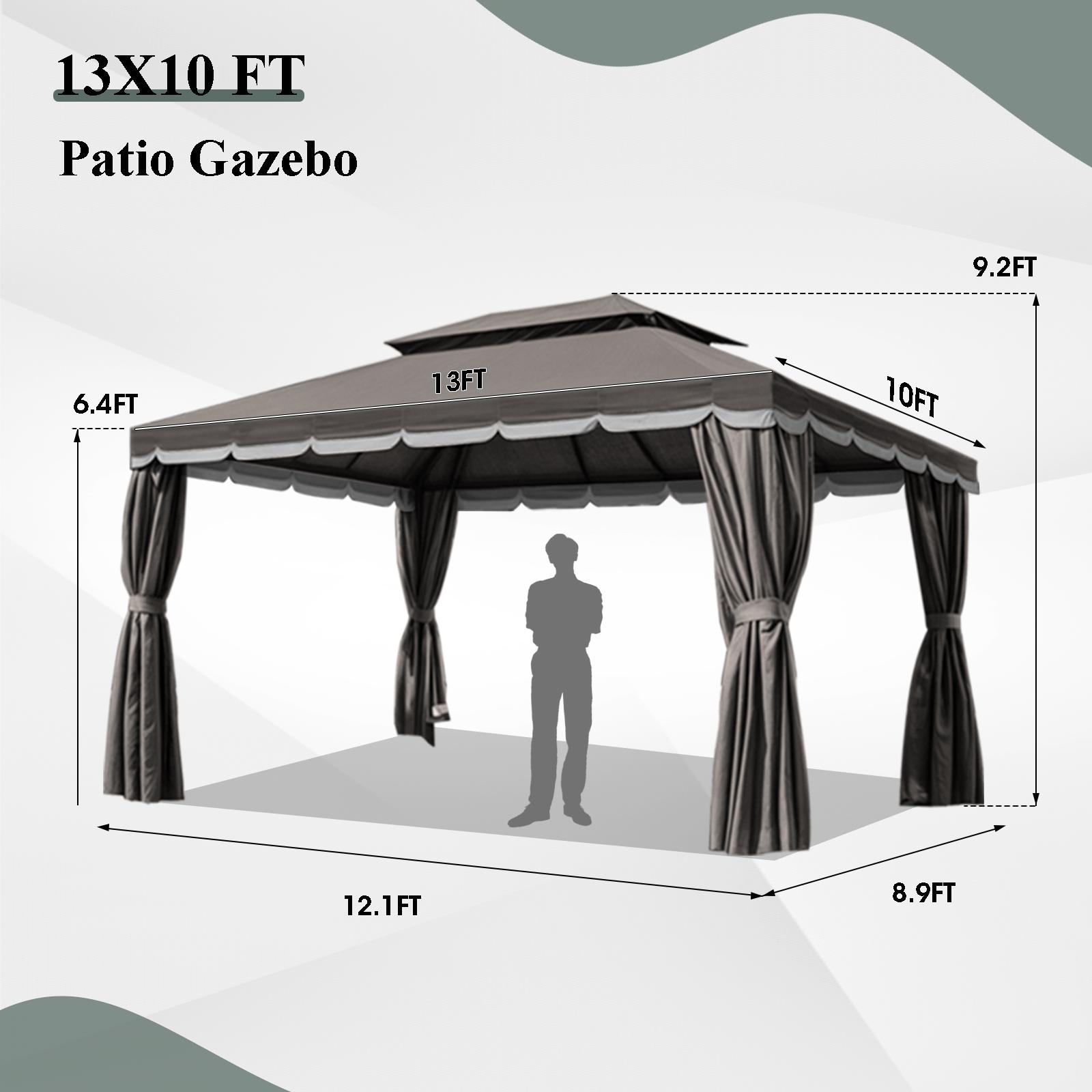 Grezone 10x13 Outdoor Gazebo with Mosquito Netting & Curtains,Double Tier Roof Round Leg Marquee Canopy Shelter for Garden,Deck,Backyard,Lawn Patio Parasol