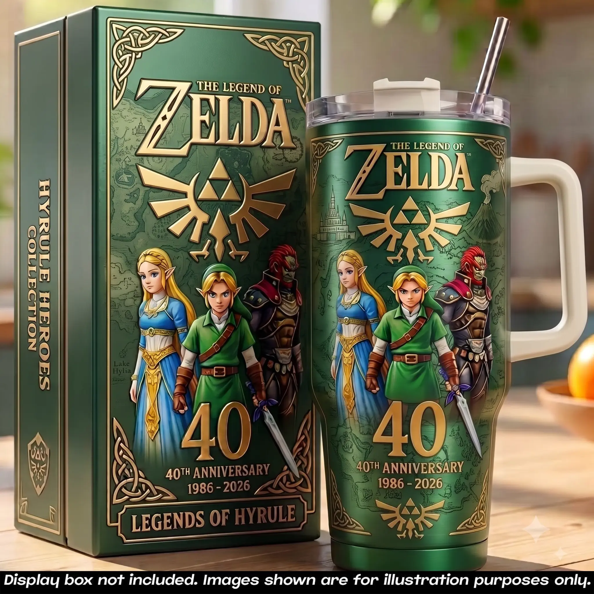 The Legend of Zelda 40th Anniversary V2 40oz Tumbler With Handle & Straw, Limited Edition 1986-2026 Collector Cup, Hyrule Master Sword Inspired Travel Mug, Fantasy Gamer Gift, Vacuum Insulated Stainless Steel Drinkware