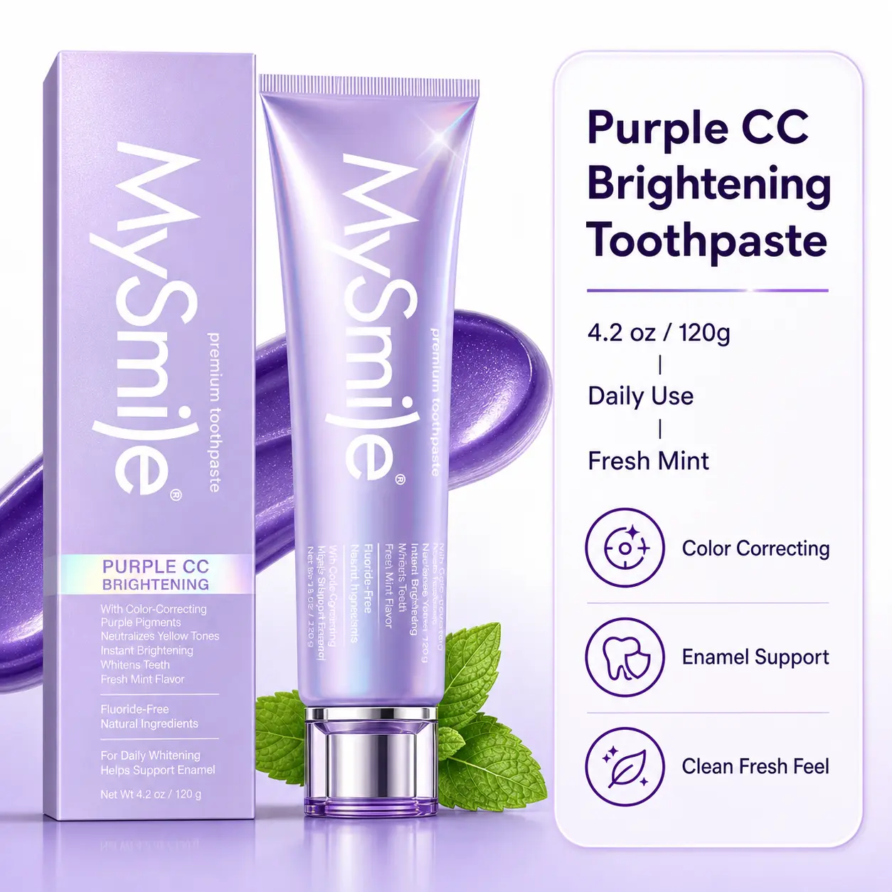 MySmile Purple Toothpaste Color Corrector for Teeth Whitening & Plaque Removal - Mint Flavored Breath Freshener with Hydroxyapatite, Peroxide-Free, Teethwhitening, Peppermint Oil, Purified Water, Sodium Bicarbonate