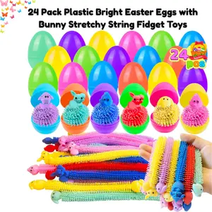 24 Pack Plastic Bright Easter Eggs with Bunny Stretchy String Fidget Toys, Prefilled Easter Eggs, Easter Basket Stuffers, Egg Hunt Fillers, Easter Gifts for Kids