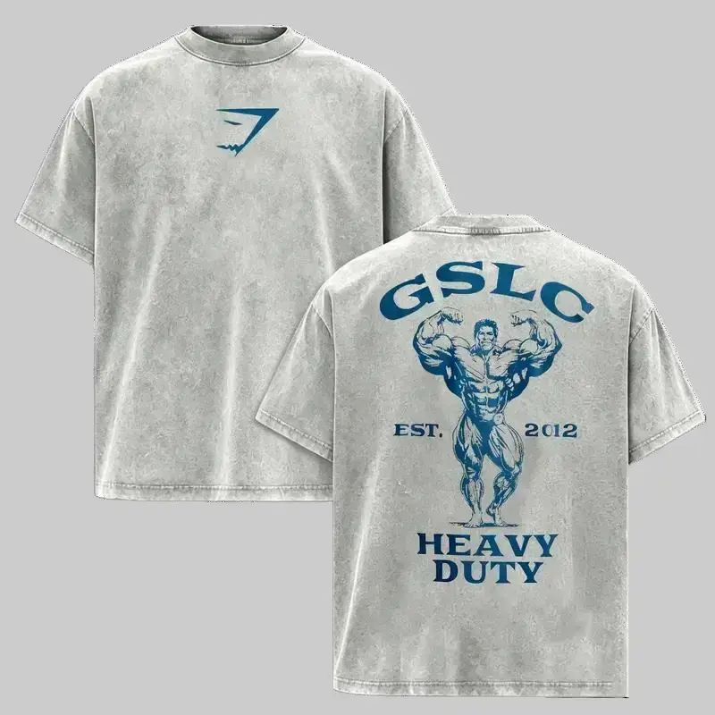 Vintage Washed Gym T-Shirt for Men, Bodybuilding Graphic Tee, 100% Cotton Loose Fit Fitness Shirt, Heavy Duty Workout Top, Perfect Gift Menswear Tshirt Streetwear Crewneck Tropical Casual Shortsleeve