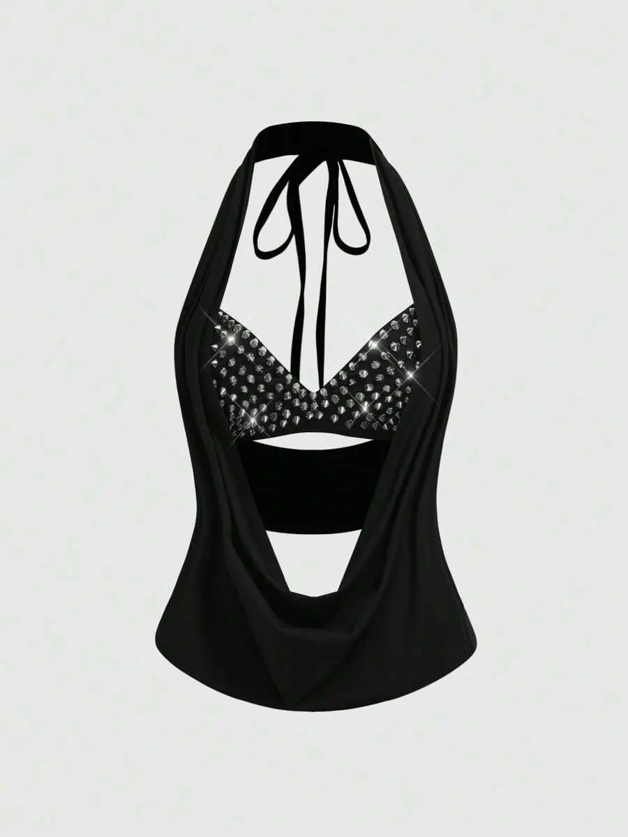 Grunge Punk Sexy Dark PUNK Rivet Patchwork Backless Halter Top