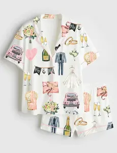 Women’s Wedding Day Anniversary Short Sleeve Satin Pajama Set, Anniversary Hand Drawn Pajamas, Wedding Party Gifts Unisex Lover Her #pajamas