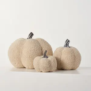 Cream Fuzzy Boucle Fabric Pumpkin Set Thanksgiving Fall Decor